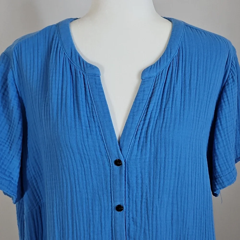 J Jill XL Crinkle Cotton Short Sleeve Midi Dress Blue 1/2button Up Ruffle Tiers - Picture 2 of 7